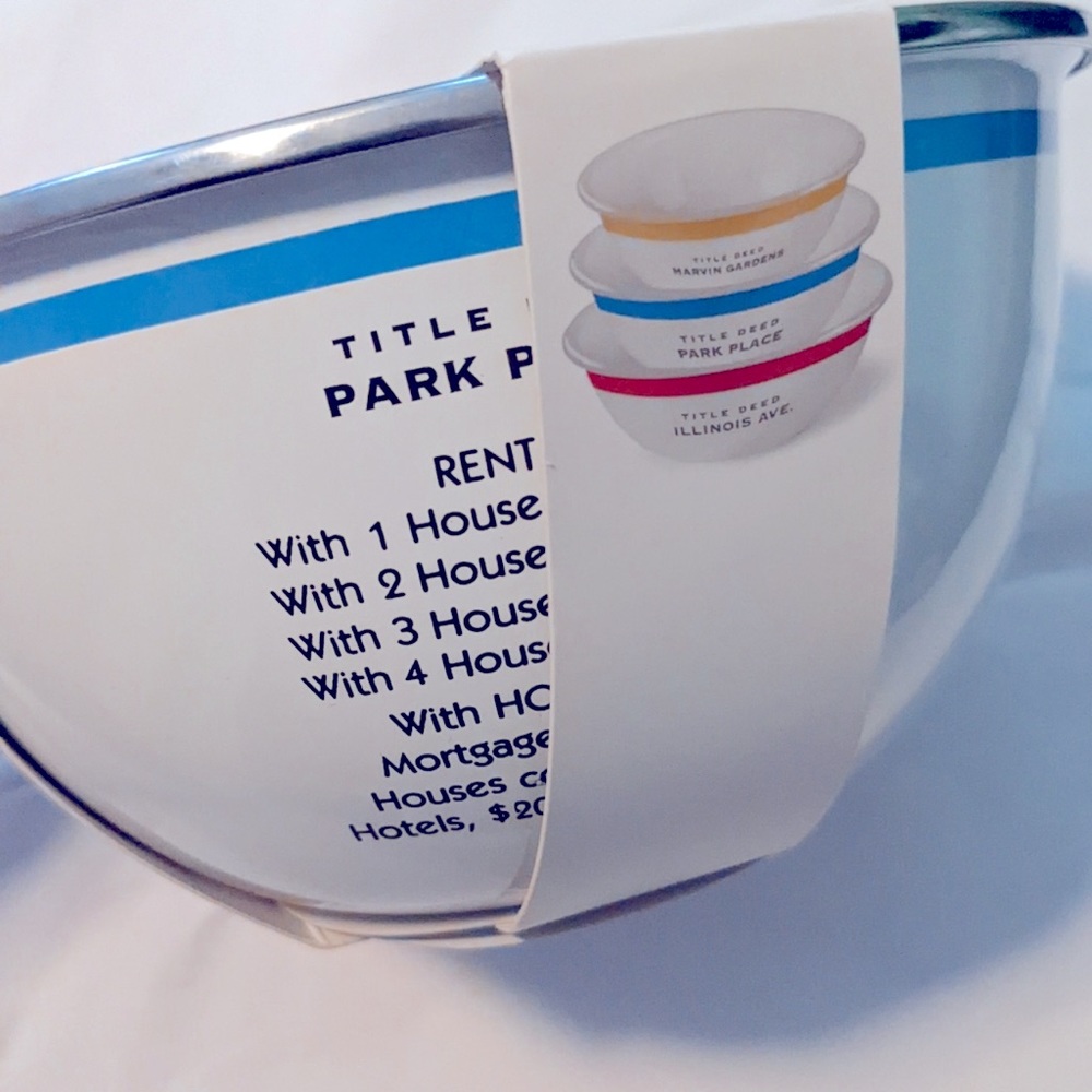 Junk Food Monopoly Set of 3 Nesting Enamel Bowls Stainless Deed Titles Hasbro